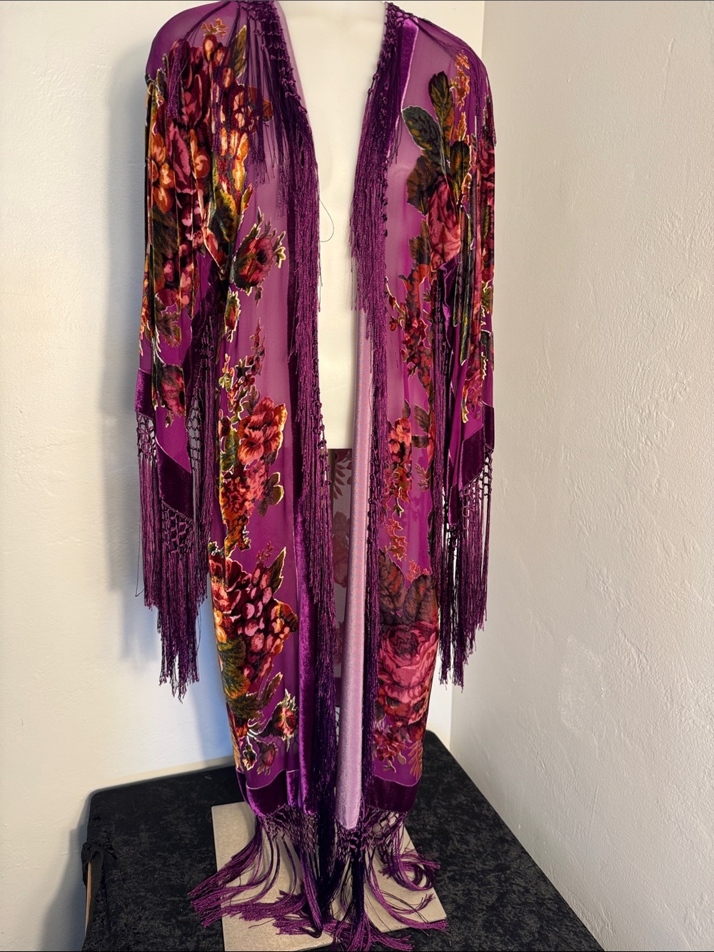 Vintage Mina Collection Silk Burnout Velvet Fringe Duster